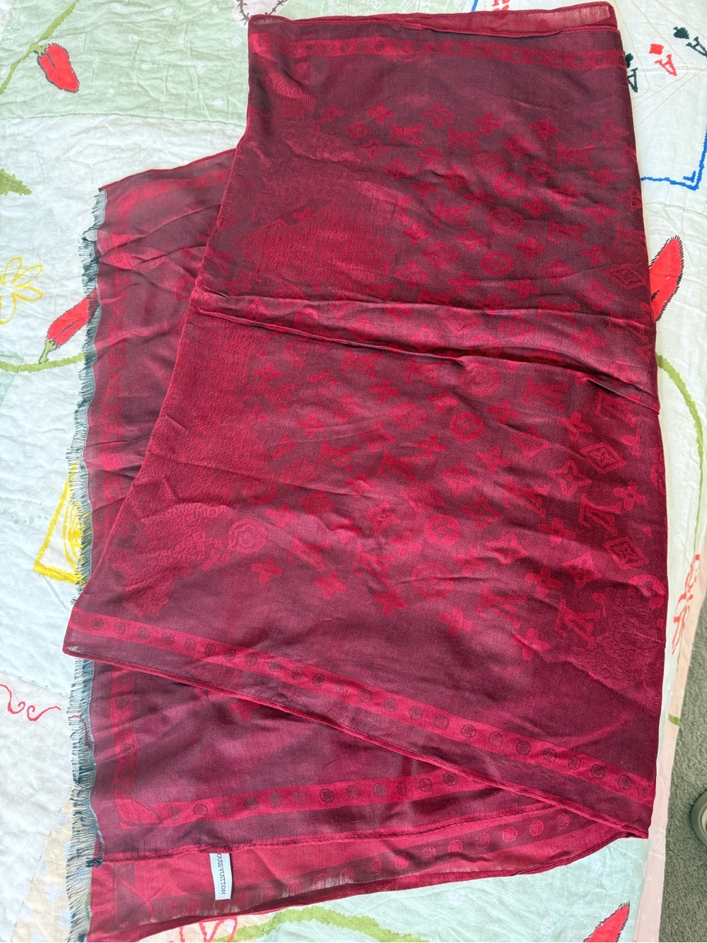 Louis Vuitton Vintage Deep Wine Red Burgundy Monogram Scarf 100% Silk - Picture 7 of 9